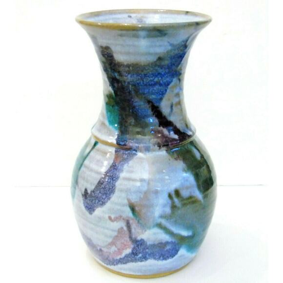 Artisan POTTERY VASE Teal Purple Pink Blue White Decorative Signed AL Studio Art - Picture 2 of 6